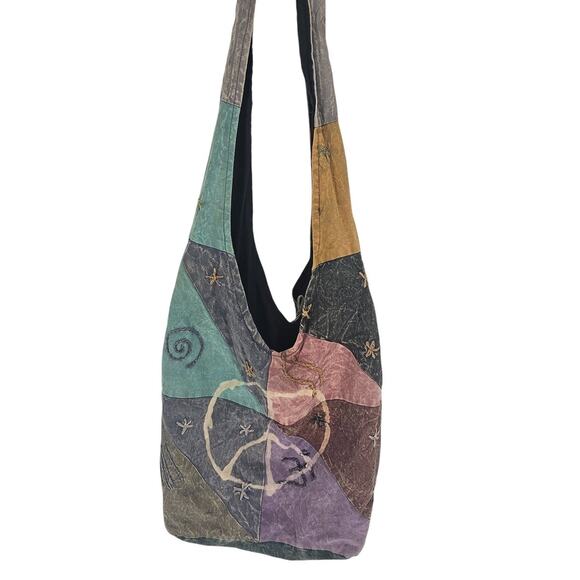 Rising International Boho Bag Made In Nepal Peace Symbol Patchwork - Picture 1 of 5